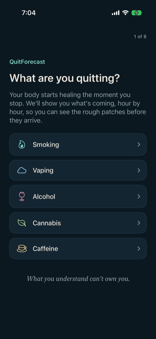 The setup screen asking What are you quitting, listing
                  Smoking, Vaping, Alcohol, Cannabis and Caffeine, each with
                  its own icon.