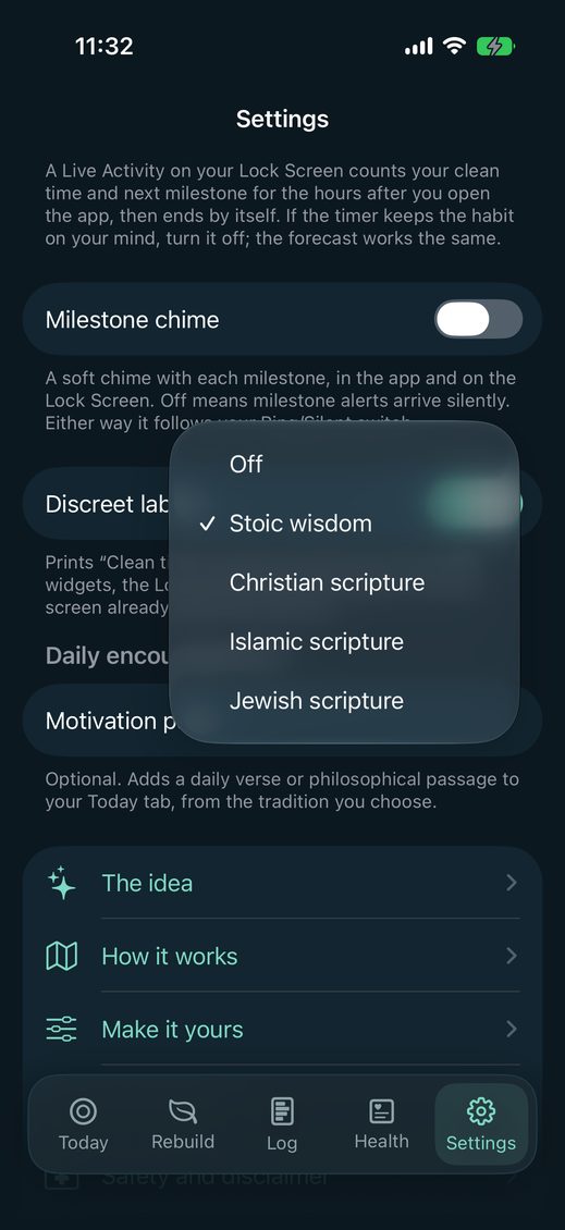 Settings, with the Motivation pack menu open: Off, then Stoic wisdom, ticked, then Christian scripture, Islamic scripture and Jewish scripture. Around the menu, the Milestone chime and Discreet labels switches, and the line under the pack row: optional, adds a daily verse or philosophical passage to your Today tab, from the tradition you choose.