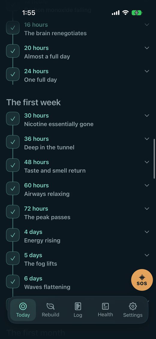 The recovery timeline with every milestone closed, thirty days in, so each row is ticked. The first day's last rows: 16 hours, The brain renegotiates. 20 hours, Almost a full day. 24 hours, One full day. Then The first week: 30 hours, Nicotine essentially gone. 36 hours, Deep in the tunnel. 48 hours, Taste and smell return. 60 hours, Airways relaxing. 72 hours, The peak passes. 4 days, Energy rising. 5 days, The fog lifts. 6 days, Waves flattening, with the round SOS button beside it.