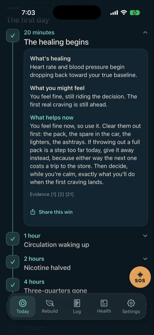 The recovery timeline for the first day, with the twenty-minute
                    milestone open and titled The healing begins. Inside it: What's
                    healing, heart rate and blood pressure begin dropping back
                    toward your true baseline. What you might feel, you feel fine,
                    still riding the decision. What helps now, a paragraph telling
                    you to clear out the pack, the spare in the car, the lighters
                    and the ashtrays while you still feel fine, and to decide now
                    what you will do when the first craving lands. A line beneath
                    reads Evidence 1, 2, 21. Collapsed below it: one hour,
                    circulation waking up; two hours, nicotine halved; four hours,
                    three-quarters gone.