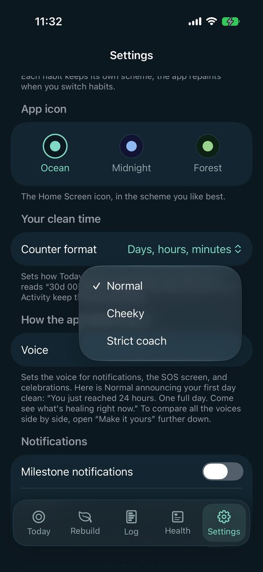 Settings, with the Voice menu open over the list: Normal, ticked, then Cheeky and Strict coach. Above the menu, the app icon choice in Ocean, Midnight and Forest, and the counter format set to days, hours and minutes. Below it, the line that explains the voice: it sets the voice for notifications, the SOS screen and celebrations.