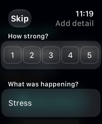 The watch's Add detail sheet, after the press has logged
                      the craving: How strong? over five numbered chips, 1 to 5,
                      then What was happening? with Stress as the first answer,
                      and a Skip button at the top.